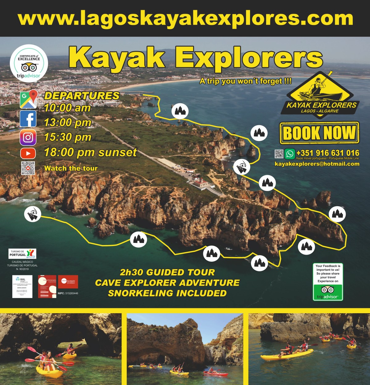 Flyer for Lagos Kayak Explorers tours with departure times, contact info, and images of kayaking by cliffs.